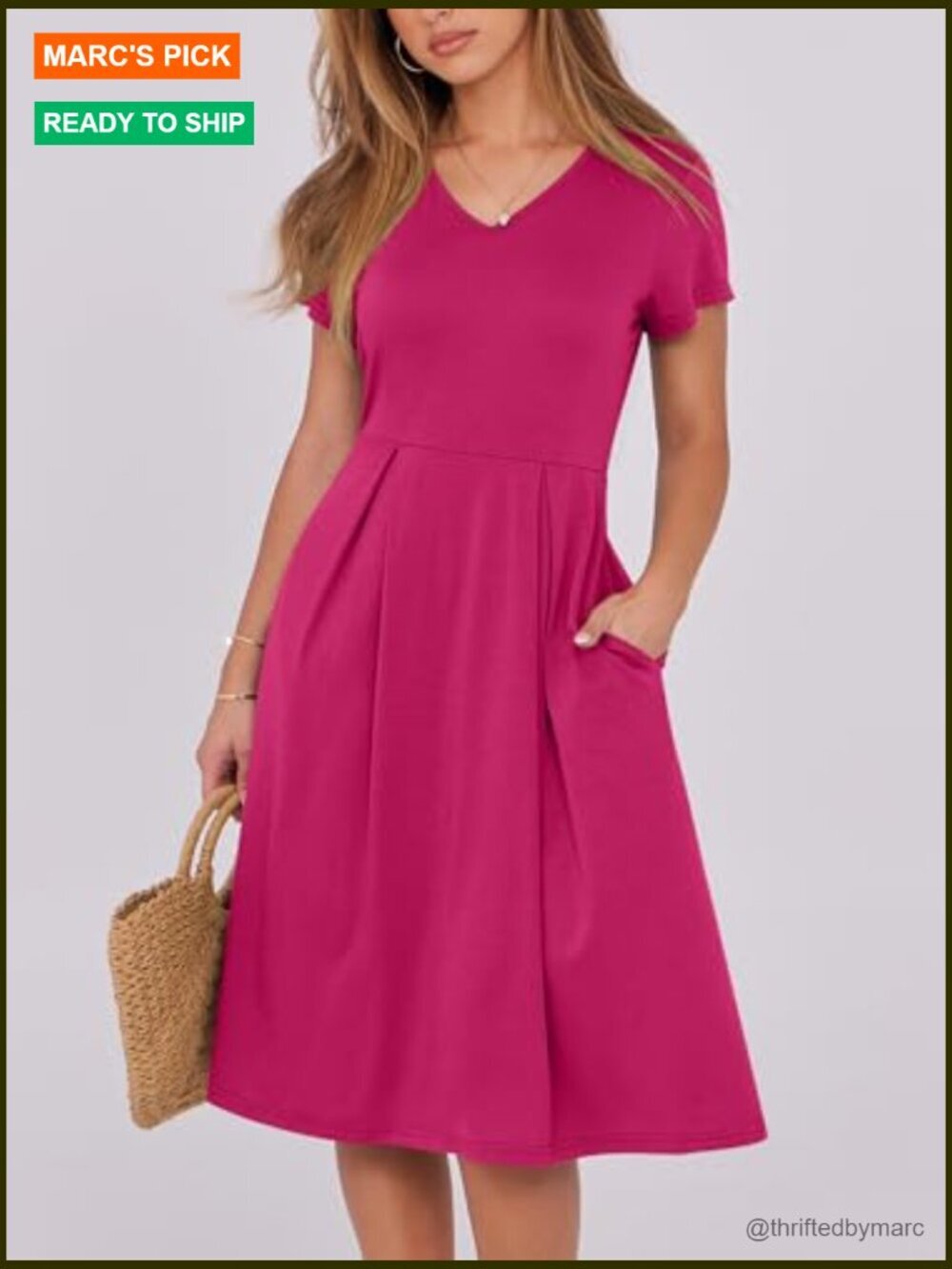 Women's A-Line Midi Dress with Pockets, V-Neck Short Sleeve Casual Summer Dress - Picture 2 of 7